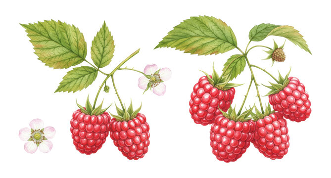 Watercolor raspberry set with branch, leaf, and flower on transparent background. Garden berry illustration for scrapbooking, menu design, kitchen decor, book, card, poster, textile, sticker, packing.