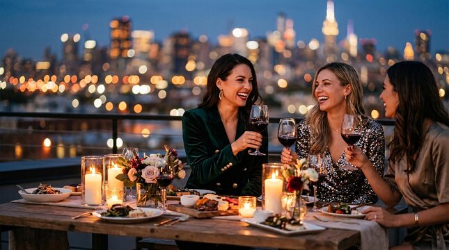 Elegant rooftop dinner party features three beautiful friends laughing and toasting ruby red wine under warm bokeh city lights at night.