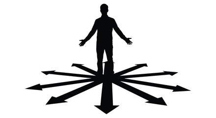 A silhouetted figure stands amidst radiating directional arrows © JOHIRUL_STUDIO