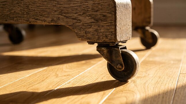 Extreme close-ups dramatically capture sturdy antique brass caster wheels attached to square legs of textured rustic oak furniture pieces.