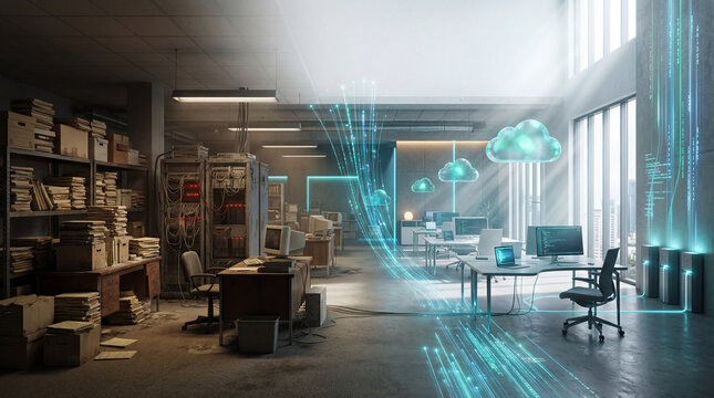 Digital transformation concept, legacy analog to cloud computing transition with data streams