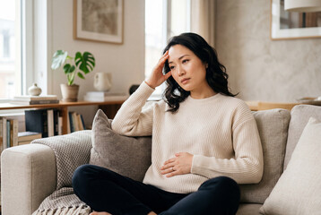 Obraz premium Sad asian woman sitting on sofa holding stomach and touching head