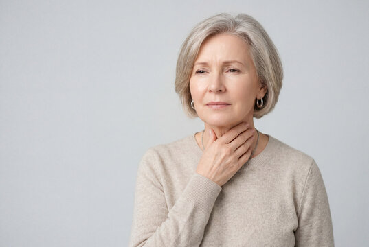 Mature woman gently touching her neck experiencing a sore throat