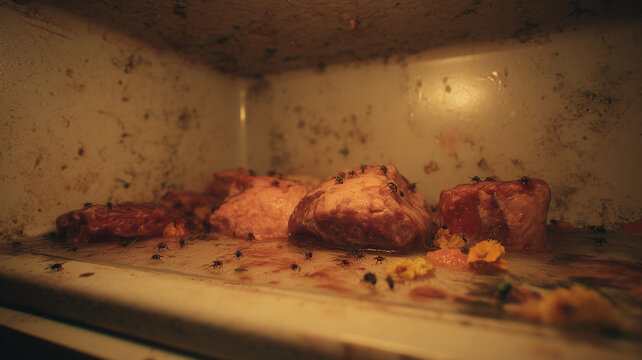 Rotting Raw Meat Infested With Flies Inside Dirty Refrigerator