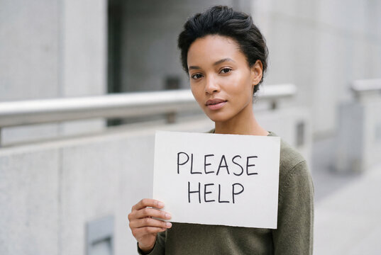 Young woman standing outdoors holding a white handwritten sign that clearly says please help