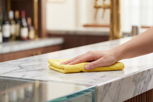 Hand holding a yellow microfiber cloth wiping a marble countertop