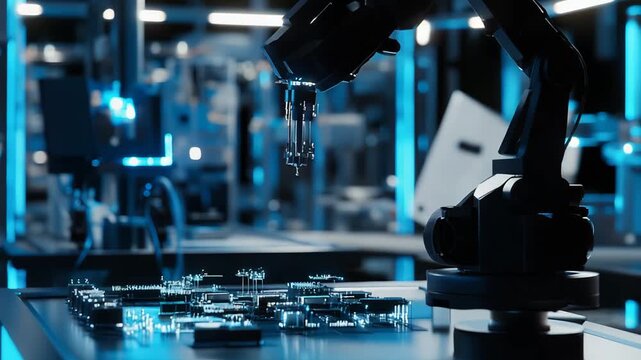 Robotic arm placing microchips and components onto a circuit board in a smart factory, illustrating precision automation, industry 4.0 manufacturing and advanced electronic assembly