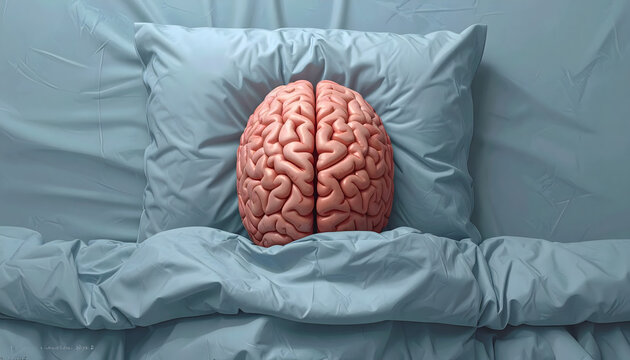 A healthy human brain resting comfortably on a pillow under a blue blanket, symbolizing rest and mental well-being