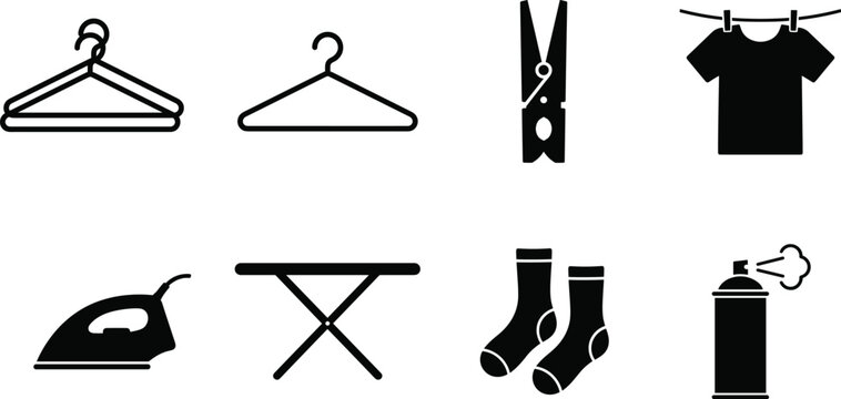 Laundry and clothing care icons flat vector illustration featuring hangers, clothespin, ironing board, socks, spray can and household maintenance tools
