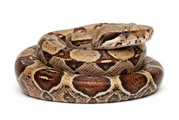 Fototapeta premium Coiled brown boa constrictor snake on solid white background