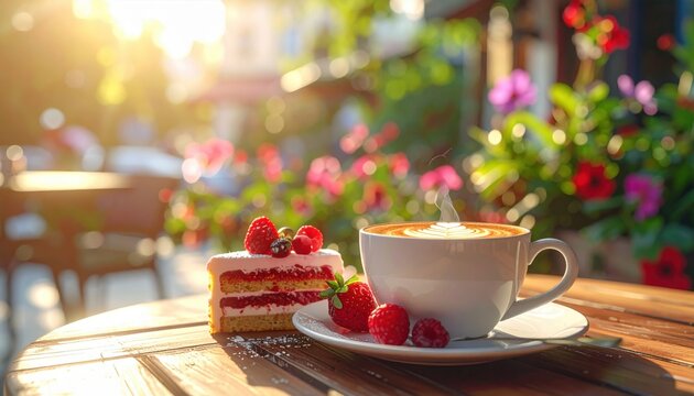 Gourmet cup of coffee served with a delicious chocolate strawberry cake and fresh cream on a plate for a tasty breakfast snack