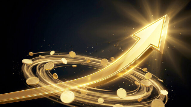 Golden arrow rising diagonal spiral pattern coins sparkling shimmering dark background perfect for finance investment growth and prosperity branding