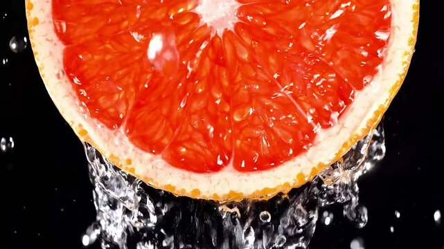 Close up of juicy grapefruit slice with water splashing against black background.