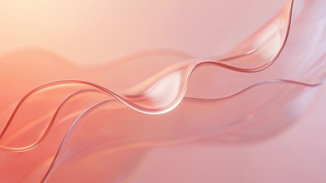 Translucent pink glass ribbons sweep across a warm pastel gradient. Minimal elegant abstract background motion graphics visuals for beauty, wellness, cosmetics, packaging, editorial design.