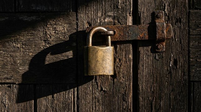 Heavy solid brass security padlocks forcefully hang from dark rusted metal latches on old weathered wooden doors under dramatic lighting.