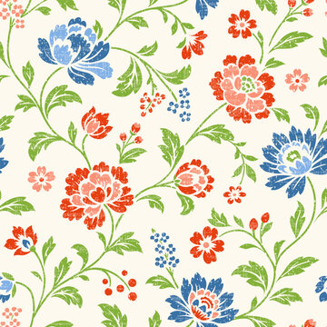 Colorful chintz-inspired floral design, stylized Jacobean flowers, leaves. Seamless vector pattern, hand-drawn aesthetic evokes classic textile prints, ideal for wallpaper, fabric, art projects.
