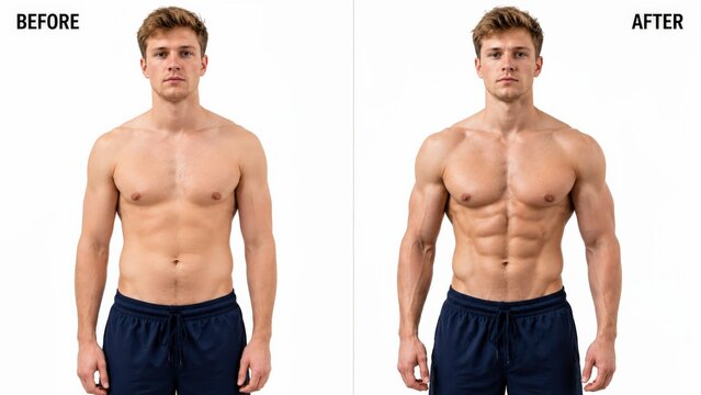 Before and after body transformation of a young man isolated on white background