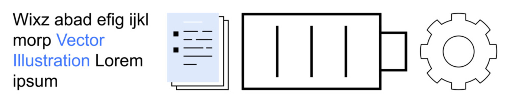Data management, workflow automation, document processing, digital systems, business tools, productivity. Diagram of a document, process flow and gear. Workflow automation and document processing