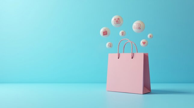Bolsa de la compra con sutiles iconos de comercio electr&oacute;nico que emergen, fondo azul suave, espacio elegante para texto