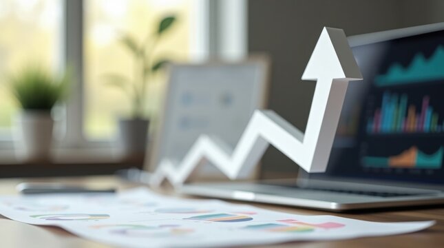 Flecha blanca hacia arriba sobre el escritorio en una oficina moderna con computadora port&aacute;til y gr&aacute;ficos financieros de marketing sutiles