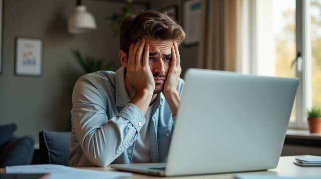Un joven en una oficina casera informal oculta su rostro con frustraci&oacute;n frente a una computadora port&aacute;til