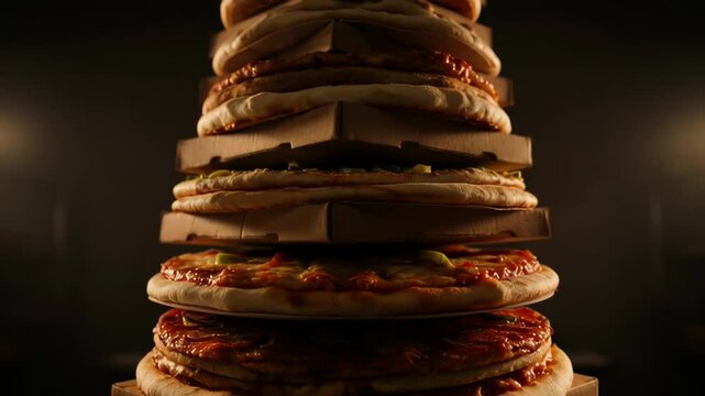Pizzas stacking up with cardboard boxes. Culinary creation for a large gathering.