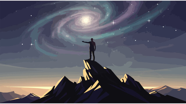 Man on Mountain Summit Gazing at Cosmic Galaxy, Inspiring Adventure & Discovery