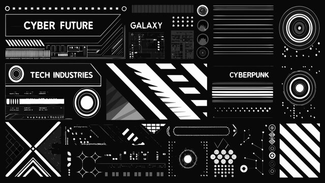 futuristic tech elements collection with bold text headers and geometric shapes on black background