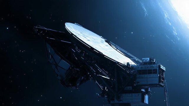 Large parabolic antenna or radio telescope orbiting the planet. Performing scientific research and deep space exploration. Sending and receiving signals for global communication and data transmission