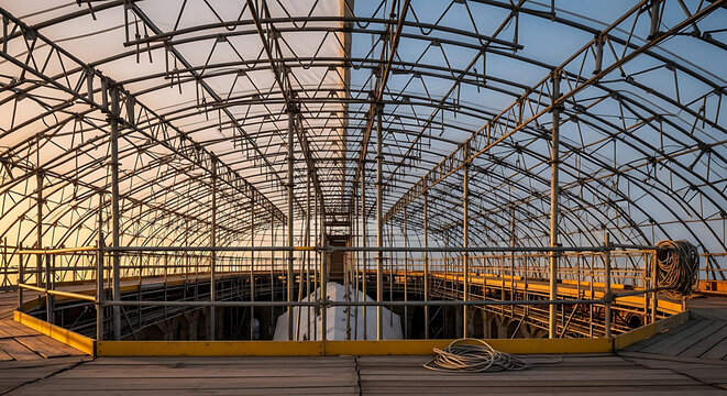 Massive industrial scaffolding roof and complex temporary metal framing system installed on a highaltitude construction site for building renovation and worker safety