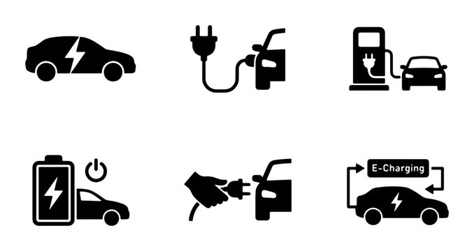 Electric Car Charging Icons Set, EV Power Station Symbols, Clean Energy Vehicle Icons, Automotive Technology Vector Graphics