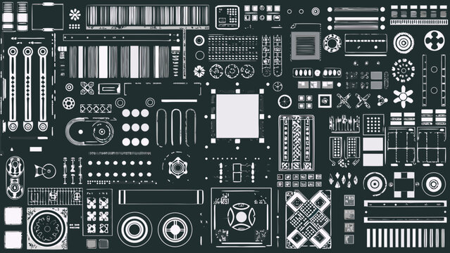 collection of technical mechanical parts and components blueprint style isolated on dark background