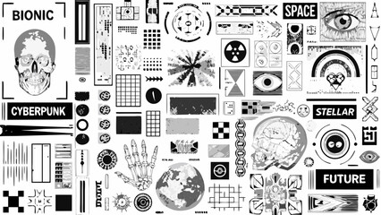 complex sticker bomb arrangement with skulls eyes geometric shapes and futuristic typography on a white background © Nipa