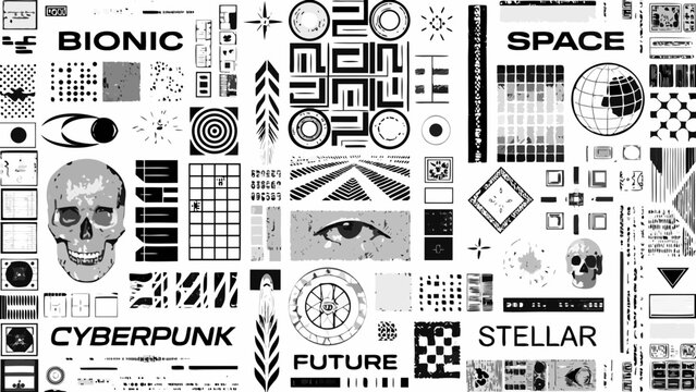 collage of cyberpunk and futuristic elements a dense sticker bomb style arrangement with skulls and eyes