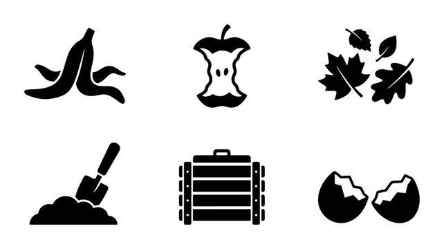 Composting Icons Set: Banana Peel, Apple Core, Leaves, Soil, Bin, Eggshells, Organic Waste, Gardening, Recycling Symbols