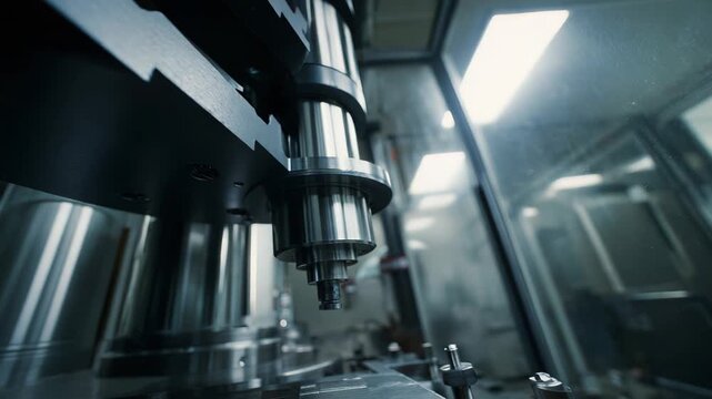 Industrial cnc machine spindle working on a metal workpiece, demonstrating modern high tech engineering and automated industry production process in a workshop environment