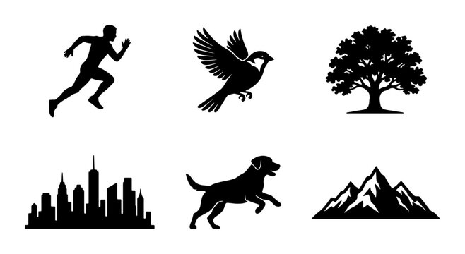 Diverse Silhouette Icons: Runner, Bird, Tree, Cityscape, Dog, Mountains, Vector Graphics Set for Lifestyle and Nature Themes