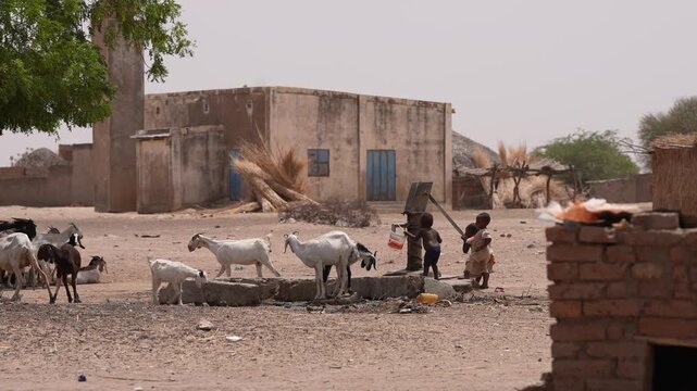 Children filling a bucket at village water well in Africa, April 25, 2026, Chad, N Djamena