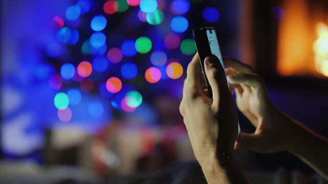 Close up hands typing on smartphone near glowing fireplace and blurred Christmas tree lights.