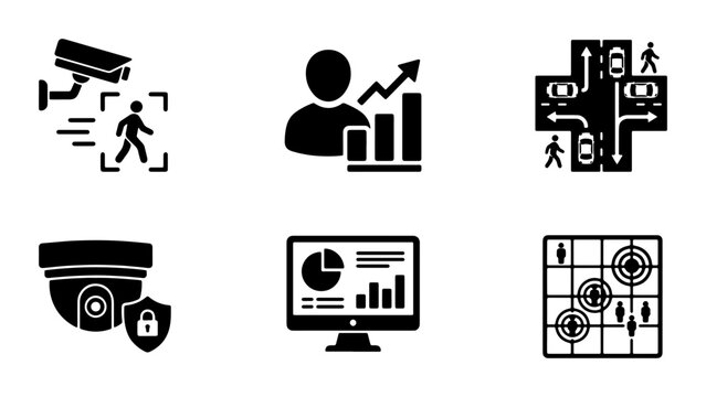 Security Camera Icons, People Analytics, Traffic Intersection, Data Monitoring, Surveillance System, People Tracking Icons