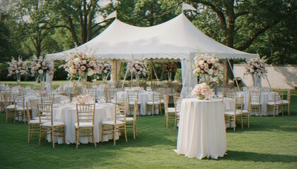 An elegant outdoor wedding reception setup with round tables, white tablecloths, gold chairs, and lush floral centerpieces under a large white marquee tent on a green lawn. © Varos