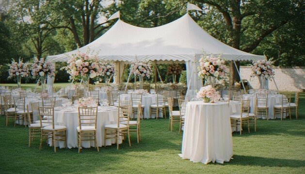 An elegant outdoor wedding reception setup with round tables, white tablecloths, gold chairs, and lush floral centerpieces under a large white marquee tent on a green lawn.