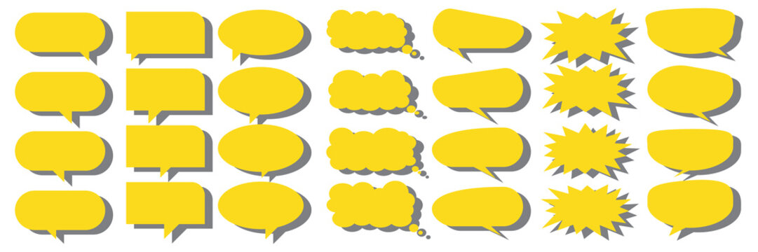 A set of chat box designs for comments on social media or comics in yellow on a white background. Vector designs of speech bubbles, text boxes, and conversational chat columns in comics.