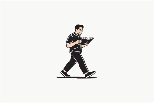 Young man reading book while walking vector illustration, casual student character isolated on clean background for education, learning, and lifestyle design. Vector illustration.