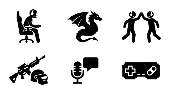 Gaming Icons Set: Gamer, Dragon, Victory, Weapon, Microphone, Controller, Vector Graphics for Esports and Online Entertainment