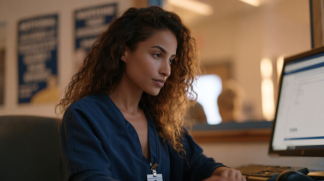 Young female correctional counselor pulling up parole risk assessment dashboard on institutional workstation, intake waiting area visible through observation window, motivational rehabilitation post