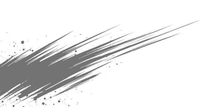 Dynamic black ink streaks slashing diagonally across a white background, with splatter accents and a bold, abstract, high-energy brushstroke style vector design.	
