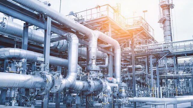 Industrial chemical processing plant featuring complex pipeline systems, tanks, and structural components, representing the modern energy and manufacturing industry