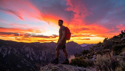 Obraz premium Man Hiking on Mountain Peak at Vibrant Sunset.