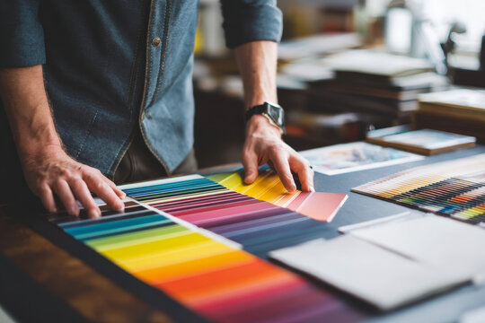 Designer Reviewing Color Swatches for Packaging and Brand Identity